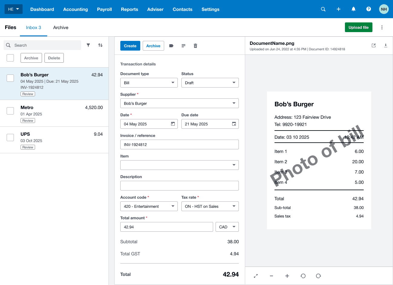 File Inbox — document triage UI